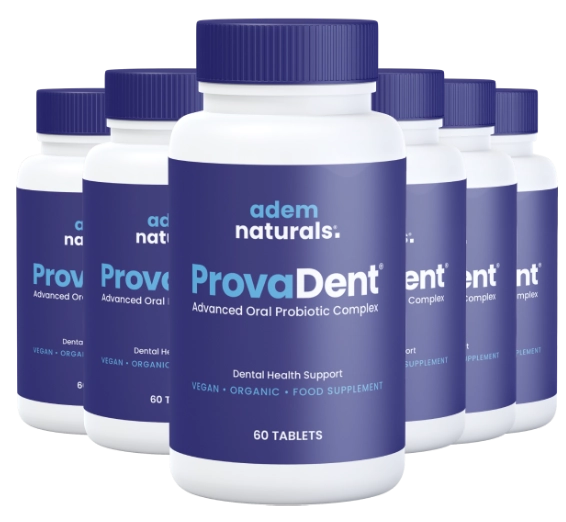 Multiple bottles of ProvaDent Advanced Oral Probiotic Complex, a vegan and organic oral health supplement.