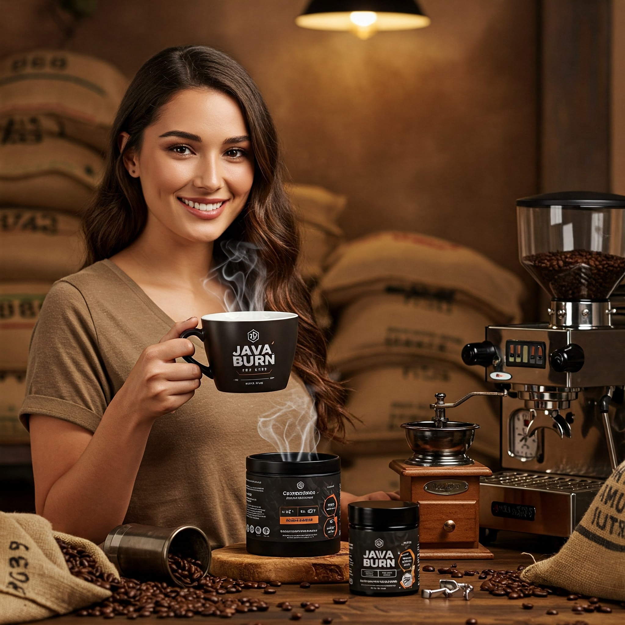 Smiling woman holding a cup of Java Burn in a coffee shop setting, with jars of the supplement and coffee beans around