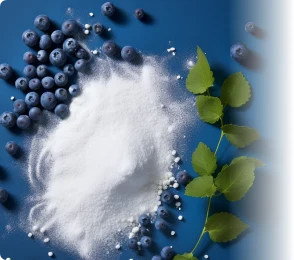 Fresh blueberries, white fiber (possibly inulin or another type of fiber) and green leaves represent a combination of natural ingredients for digestive and oral health in ProvaDent.