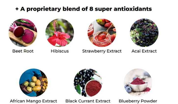 Antioxidant ingredients in Ikaria Lean Belly Juice: beetroot, hibiscus, strawberry, acai, African mango, blackcurrant and blueberry.