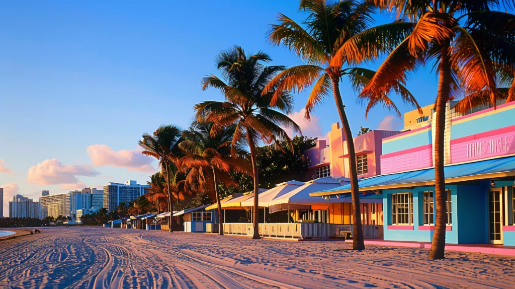 Miami beach with colorful buildings and palm trees at sunset.