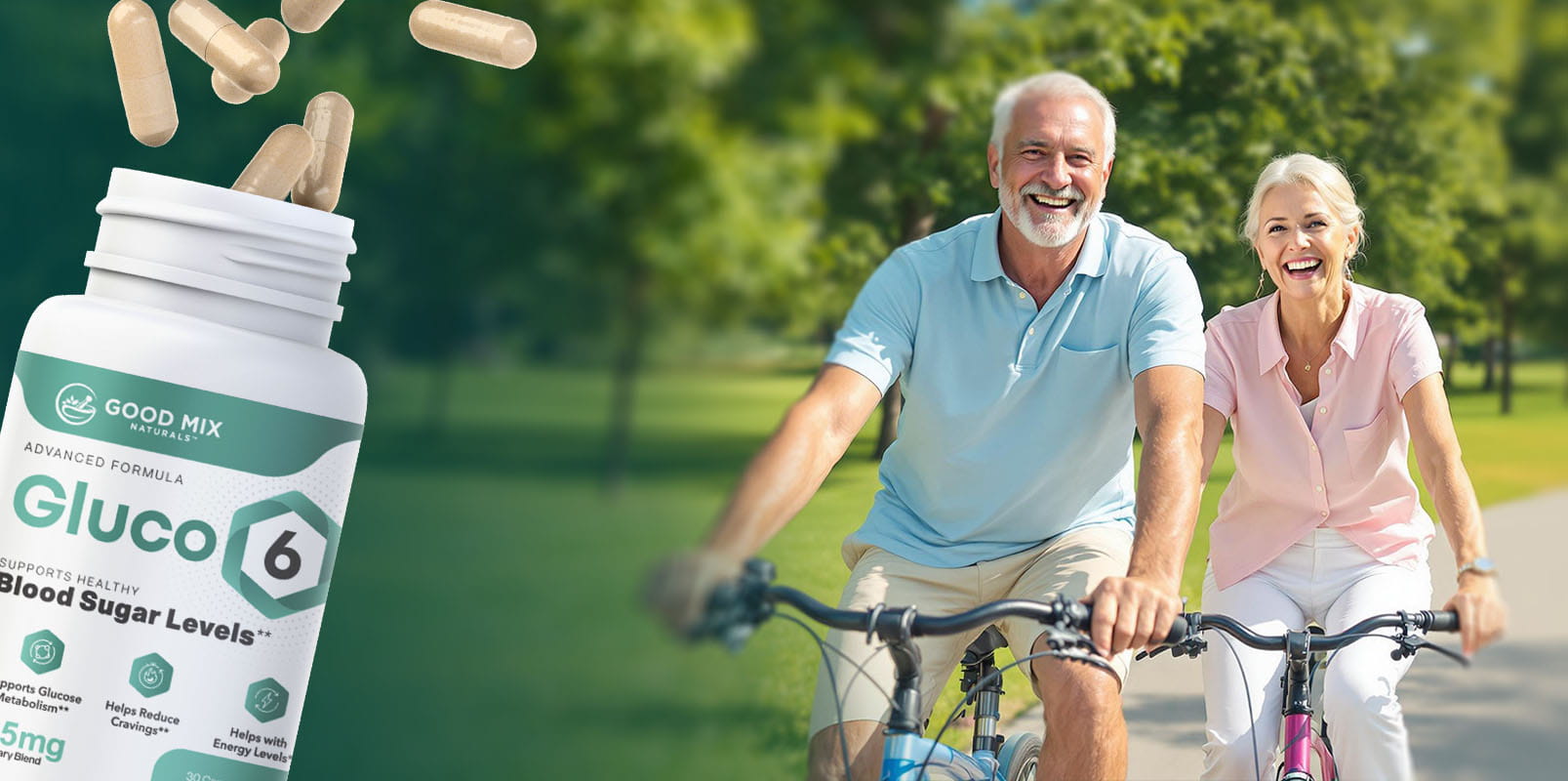 Smiling senior couple riding bicycles outdoors with Gluco6 supplement bottle in the spotlight.