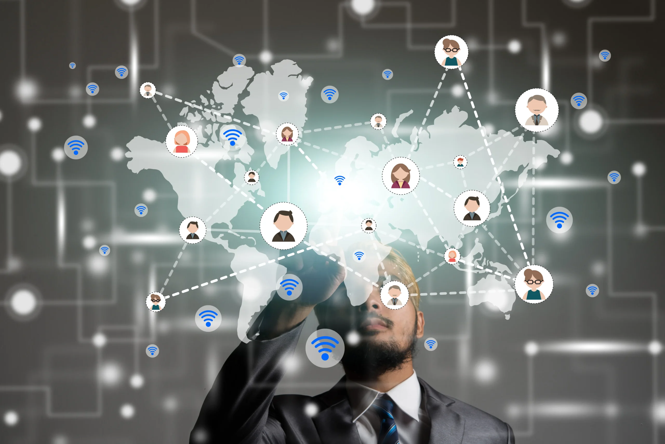 Man interacting with digital world map connected to people, representing networking and global communication in technology.