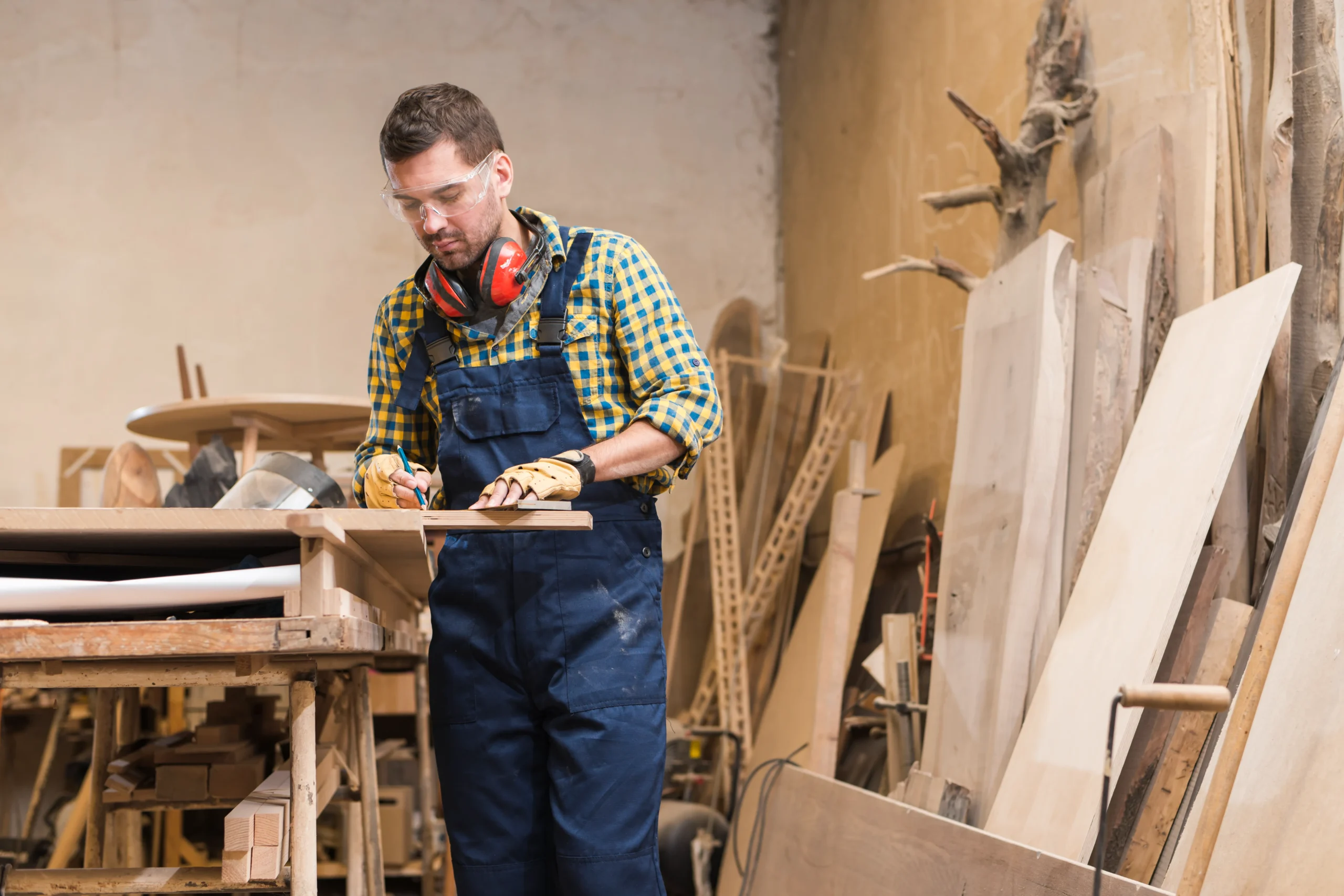 A bearded carpenter wearing blue overalls and a yellow plaid shirt, safety glasses and red ear muffs, concentrates on sanding a piece of wood in a workshop cluttered with lumber and tools. Overlay text reads: "Things to Consider Before Buying: • Varying Quality of Plans: With so many plans, the level of detail and clarity may not be the same for every project. • Can Be Overwhelming for Beginners: Absolute beginners may find a large collection a bit intimidating. • Preference for Digital Format: Some carpenters prefer to have printed plans in their shop. Printing too many plans can also add to the cost. • How Easy It Is to Find What You Need: Searching and organizing plans is important for ease of use. • Limited Personal Help: Unlike buying individual plans or taking a course, you usually don't get direct support for specific projects from a large collection."