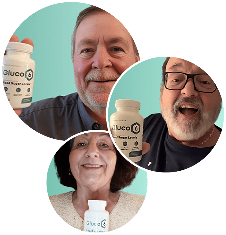 A composite of three circular photos overlapping each other on a teal background. In the top left photo, an older man smiles and holds a bottle of Gluco6. In the top right photo, another older man with glasses laughs with his mouth open. In the bottom photo, an older woman smiles and holds a bottle of Gluco6. The overlay text reads: "Gluco6 vs. Other Options: What's Different? Gluco6 has a few great things about it: • Multiple Ingredients: It combines different ingredients that help control blood sugar in a variety of ways. • Natural Ingredients with Studies: Natural Wellness uses natural ingredients that have studies showing how they work. • Helps the Cause: Gluco6 tries to improve the way the body uses insulin and controls sugar, which are important things for health."